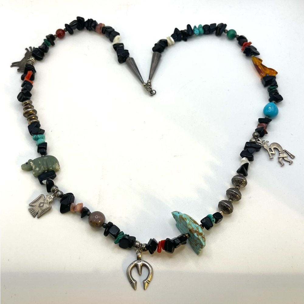 Vintage Navajo Hand Made Sterling Silver Charm Fetish Necklace Turquoise Jet